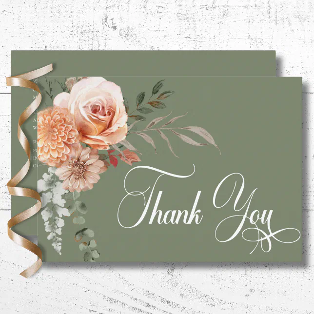 Boho Peach & Rust Floral Sage Green Wedding Thank You Card | Zazzle