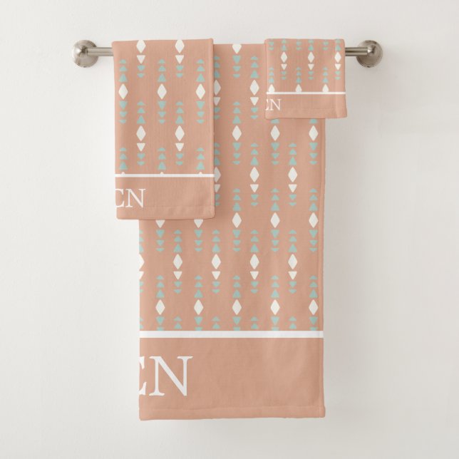 Boho Peach Sage Green White Triangles Abstract Geo Bath Towel Set (Insitu)