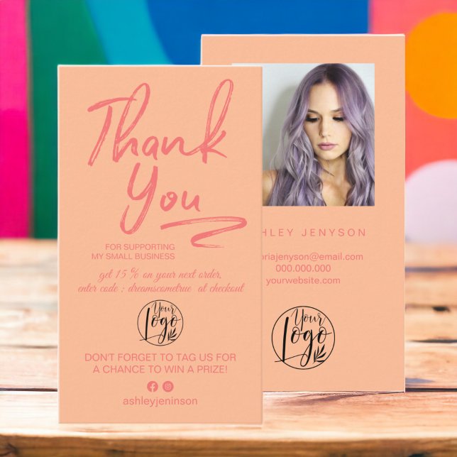 Boho peach script photo logo order thank you business card (Boho peach script photo logo order thank you business card)