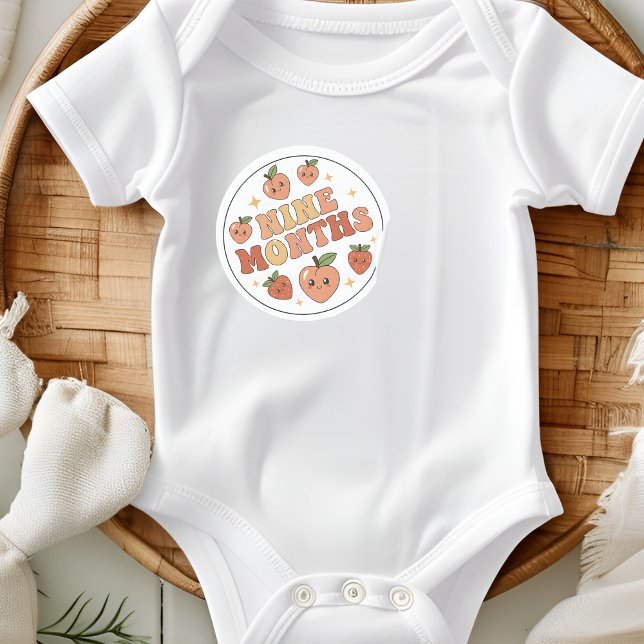 Boho Peach Strawberry Baby Nine Months Milestone Classic Round Sticker (Creator Uploaded)