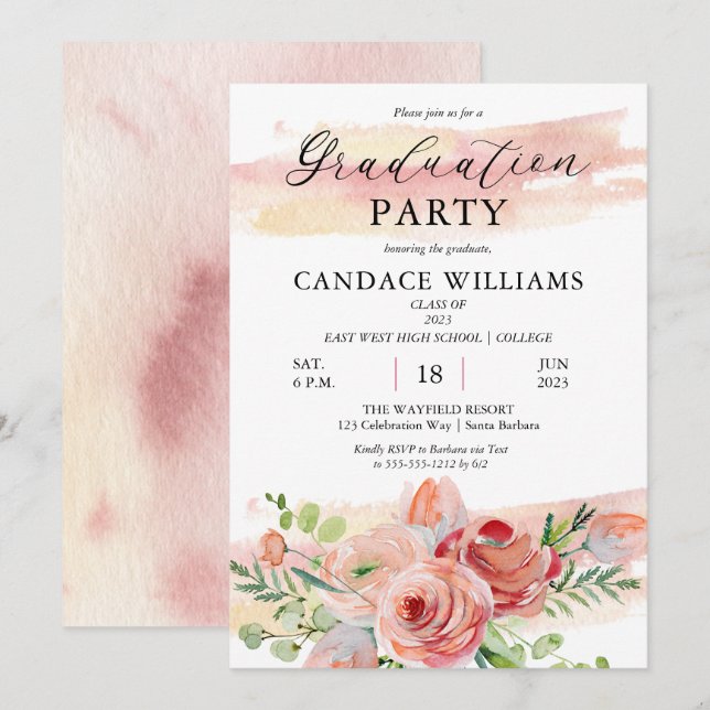 Boho Peach Watercolor Floral Graduation Party Invitation (Front/Back)