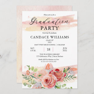 Boho Peach Watercolor Floral Graduation Party Invitation