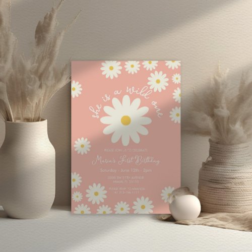 Boho Peach White Daisy She is a Wild ONE Birthday  Invitation