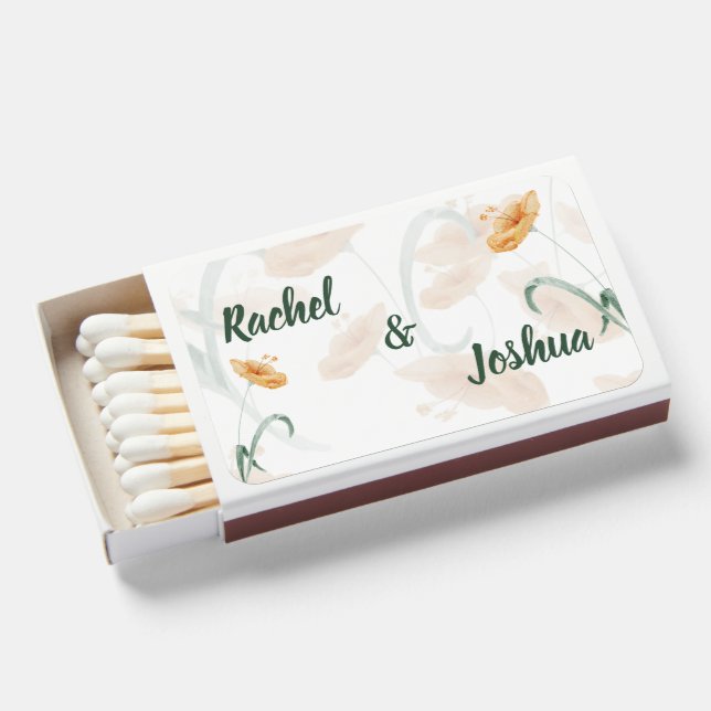 Boho Peach Wildflower & Sage Green Wedding Matchboxes (Front Open)