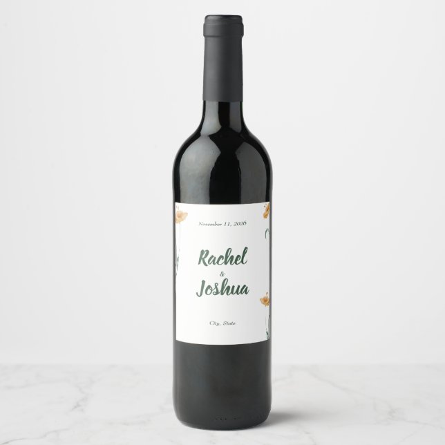 Boho Peach Wildflower & Sage Green Wedding Wine Label (Front)