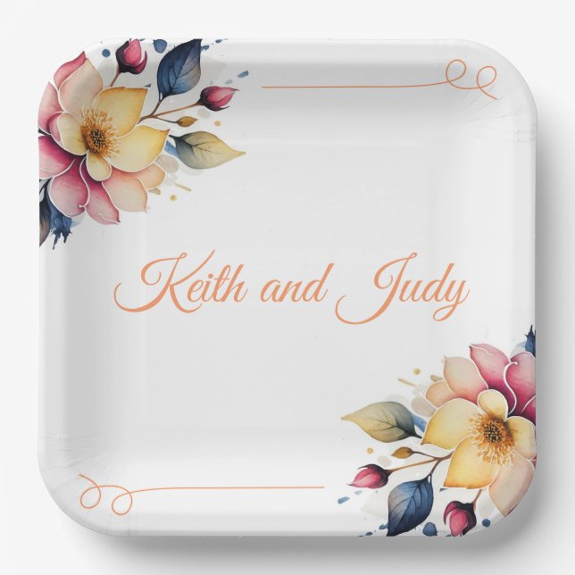 Boho Peachy Floral Paper Plates (Front)