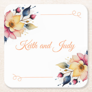 Boho Peachy Floral Square Paper Coaster