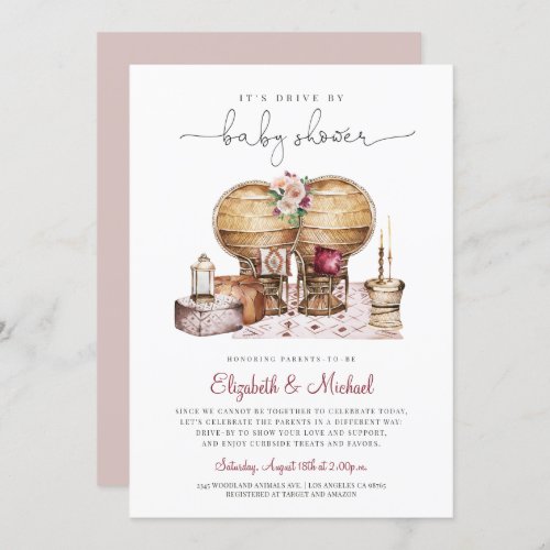 Boho Peacock Chair Girl Drive By Baby Shower  Invitation
