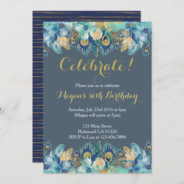 Boho Peacock Feather Gold and Navy Invitation (Front/Back)
