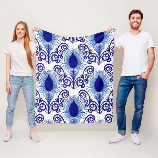 Boho Peacock Feather Jewel Tone-Blue Fleece Blanket (In Situ)