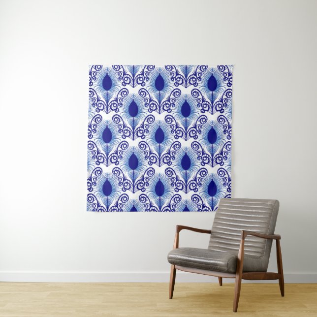 Boho Peacock Feather Jewel Tone-Blue  Tapestry (In Situ)