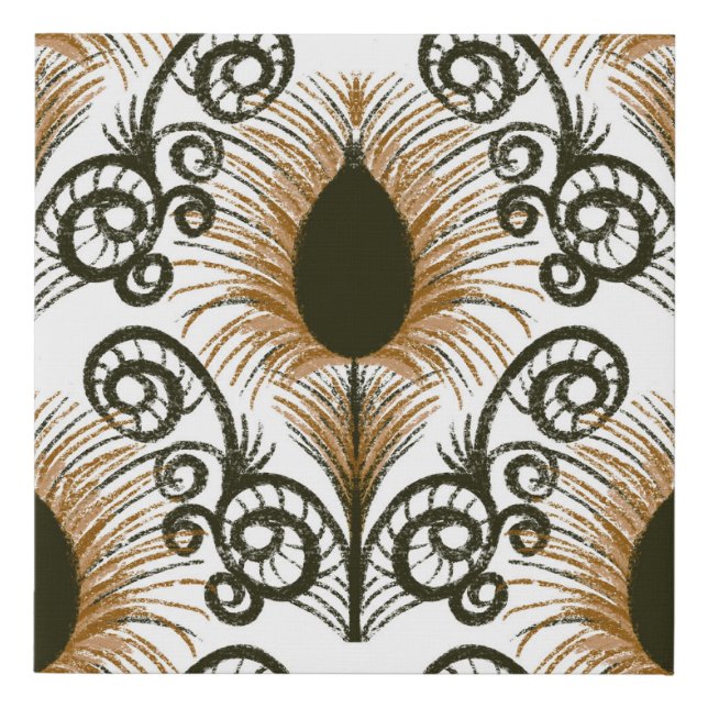 Boho Peacock Feather Jewel Tone-Brown & Gold Faux Canvas Print (Front)