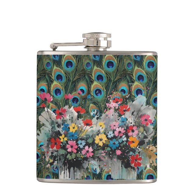 Boho Peacock Feathers And Wildflowers Flask (Front)