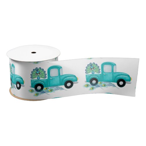 Boho Peacock Feathers Vintage Truck Baby Shower Satin Ribbon