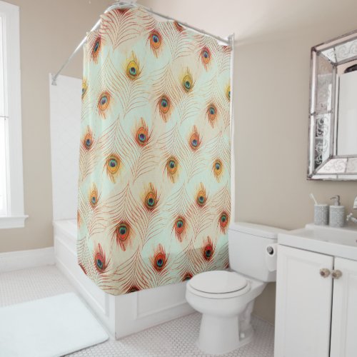 Boho Peacock Feathers Zigzag Tile Peach Teal Shower Curtain