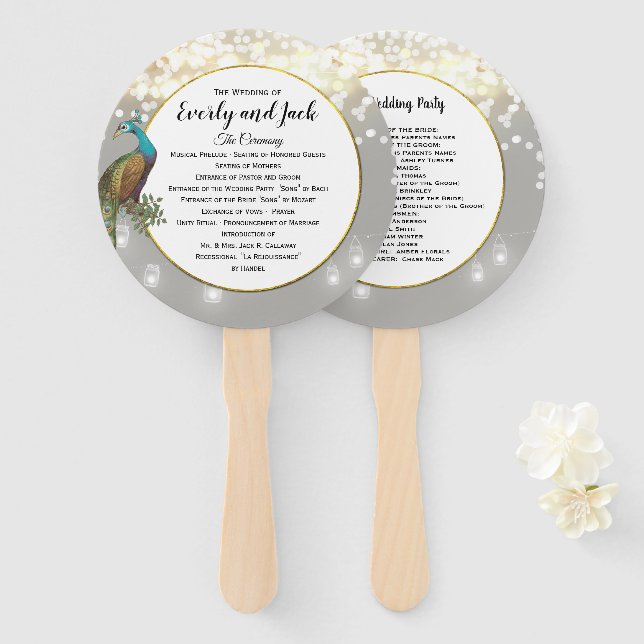 Boho Peacock Gray Teal Gold Wedding Program Hand Fan (Front and Back)
