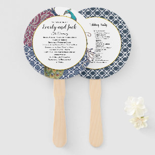 Boho Peacock Gray Teal Gold Wedding Program Hand Fan