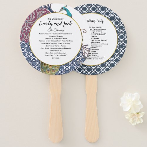 Boho Peacock Gray Teal Gold Wedding Program Hand Fan