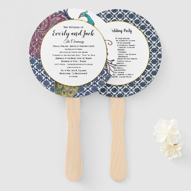 Boho Peacock Gray Teal Gold Wedding Program Hand Fan (Front and Back)