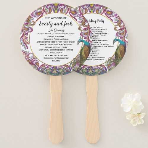 Boho Peacock Raspberry Teal Gold Wedding Program Hand Fan