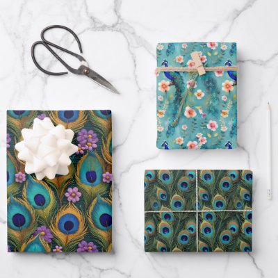 Boho Peacocks And Vibrant Peacock Feathers Florals Wrapping Paper Sheets