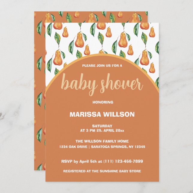 Boho Pear Watercolor Hand-painted Invitation (Front/Back)