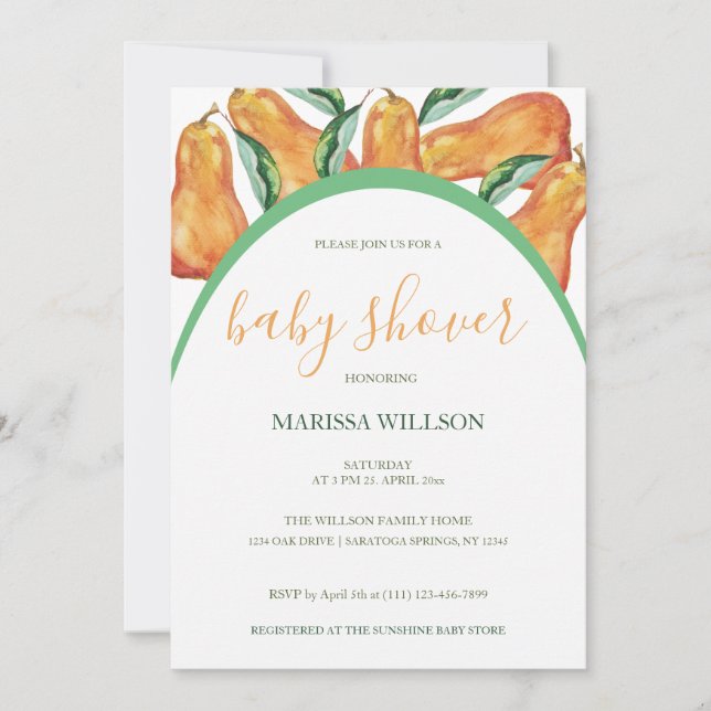 Boho Pear Watercolor Hand-painted Invitation (Front)