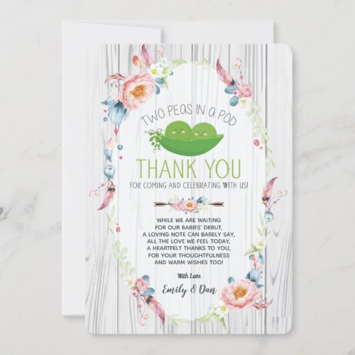 Boho Peas in a Pod Baby Shower Thank You Card Twin