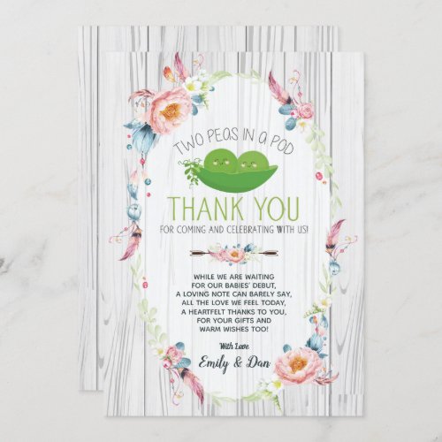 Boho Peas in a Pod Twin Baby Shower Thank You Card
