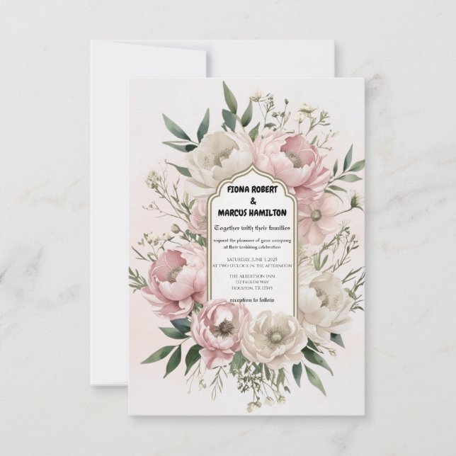 Boho Peonies Blush & Ivory Floral Wedding Save The Date (Front)