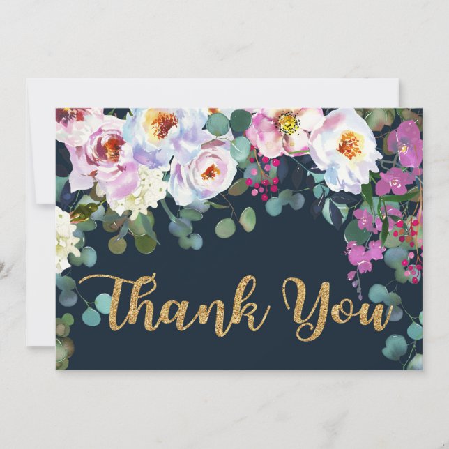 Boho Peonies Navy Gold Floral Modern Thank You (Front)