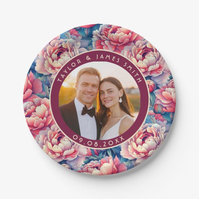 Boho Peonies Plates For Bride To Be Party (Front)