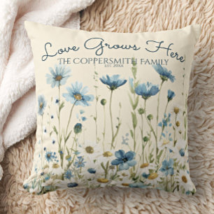 Boho Personalized Blue Wildflowers, Daisies Family Throw Pillow