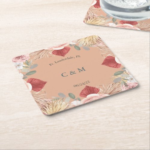 Boho Personalized Boho Floral Heart Caramel Square Paper Coaster