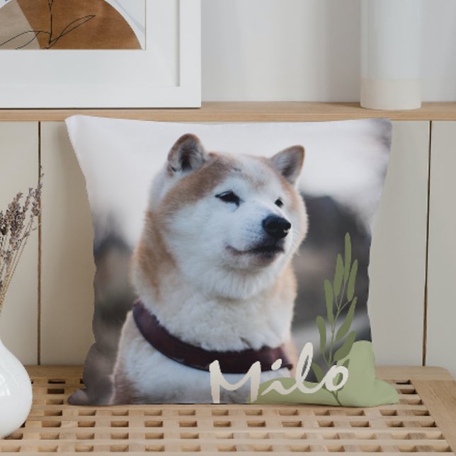 Boho Personalized Pet Name Two Photos Throw Pillow (Creator Uploaded)