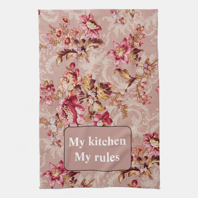 Boho Personalized Retro design Flower pattern pink Kitchen Towel (Vertical)