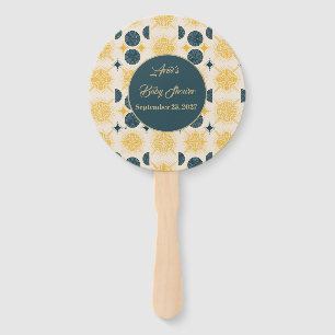 Boho Personalized Sun Moon Stars Blue Yellow Hand Fan