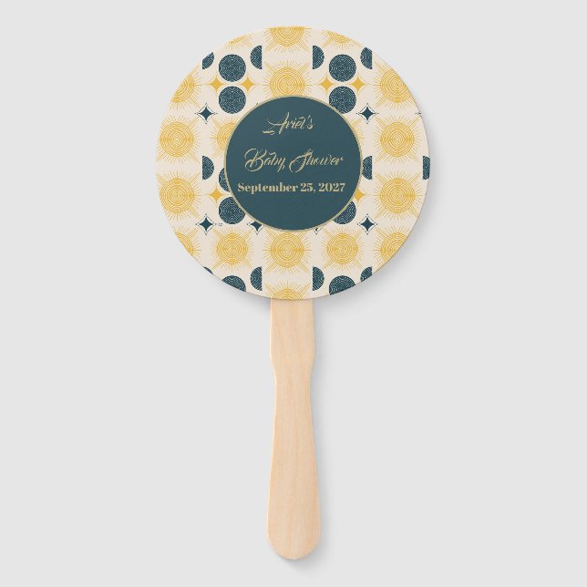 Boho Personalized Sun Moon Stars Blue Yellow Hand Fan (Front)