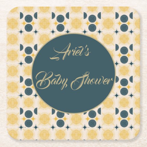 Boho Personalized Sun Moon Stars Blue Yellow Square Paper Coaster