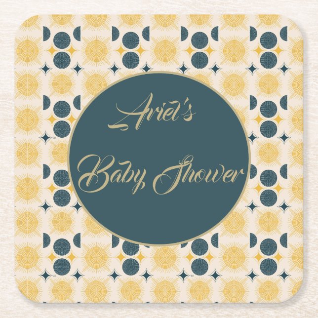 Boho Personalized Sun Moon Stars Blue Yellow Square Paper Coaster (Front)