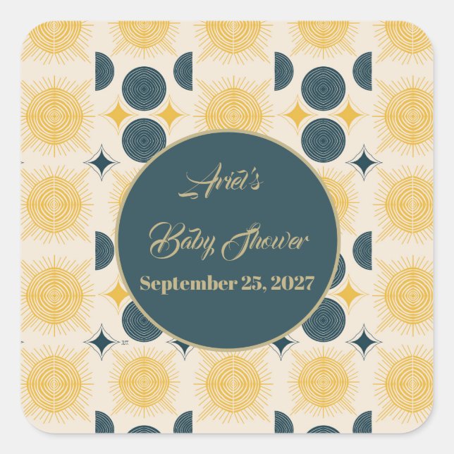 Boho Personalized Sun Moon Stars Blue Yellow Square Sticker (Front)