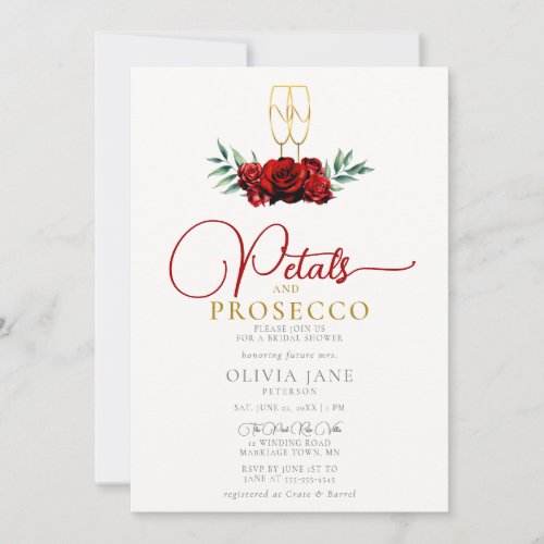 Boho Petals Prosecco Red Roses Gold Bridal Shower Invitation