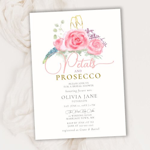 Boho Petals Prosecco Rose Coral Gold Bridal Shower Invitation
