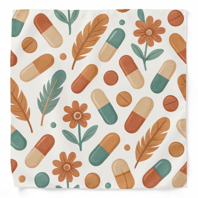 Boho Pharmacy Bandana with Daisy Flowers Feathers (Front)