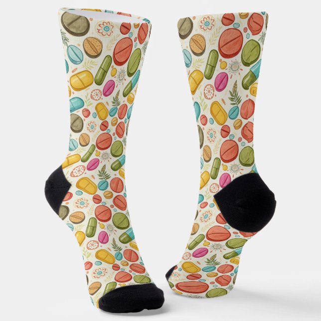 Boho Pharmacy Socks with Flowers & Pills in Earthy (Angled)