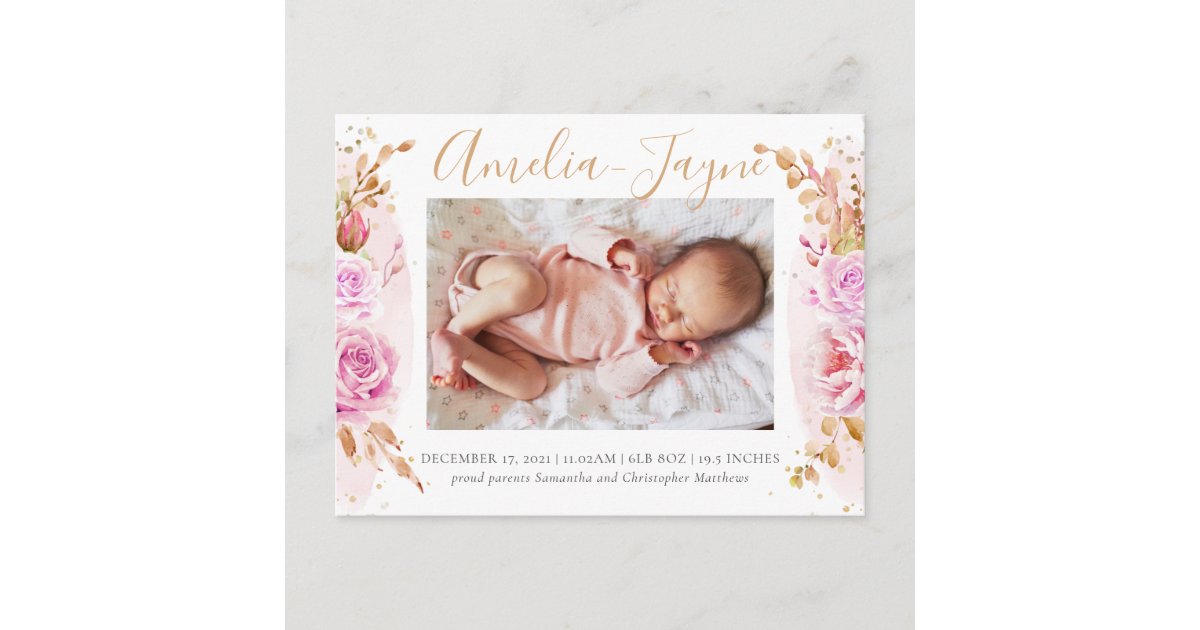 Boho Photo Baby Girl Birth Announcement Postcard | Zazzle