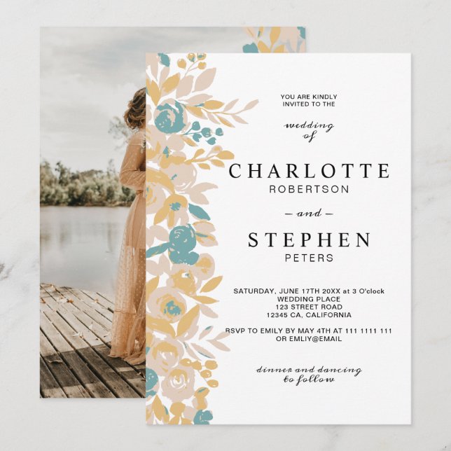 Boho photo editable floral watercolor wedding invitation (Front/Back)
