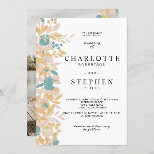 Boho photo editable floral watercolor wedding invitation