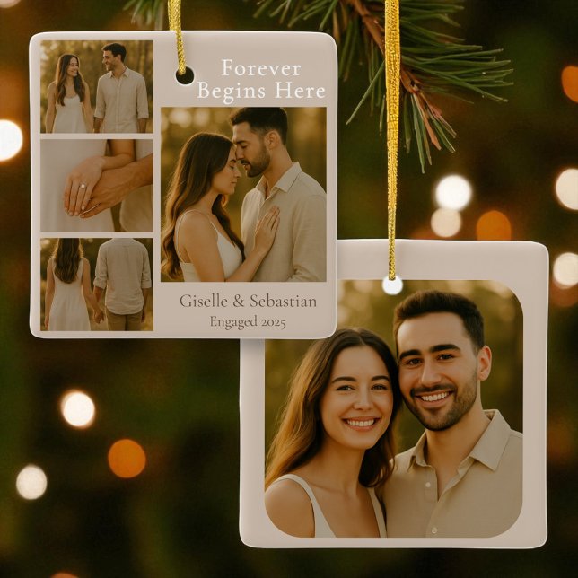Boho Photo Engagement Collage Christmas Holiday Ceramic Ornament (Creator Uploaded)