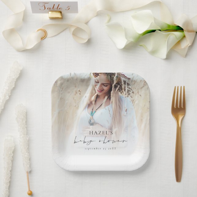 Boho Photo Overlay Script Baby Shower  Paper Plates (Wedding)